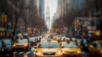 Fototapeta na wymiar Blurred New York City cityscape, full of cars and yellow taxis. Generative AI
