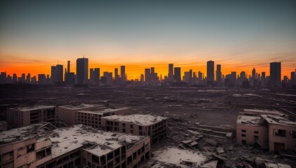 a post-apocalyptic city skyline, with shattered buildings
