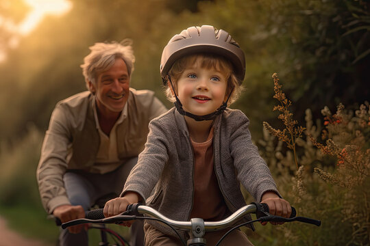 A young boy learning to ride a bike with his father in a park, Generative AI - Powered by Adobe