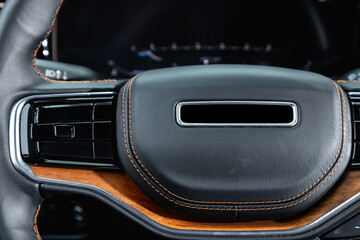 Obraz premium car Interior - steering wheel, shift lever and dashboard, climate control, speedometer, display on white isolated background.
