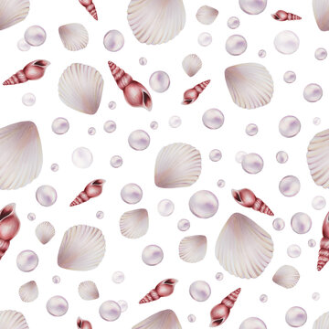 Watercolor seamless pattern with shells and pearls. Hand painting clipart underwater life objects on a white isolated background. For designers, decoration, postcards, wrapping paper, scrapbooking