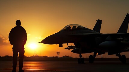 Fototapeta na wymiar Silhouette of a pilot with a jet fighter, Generative AI