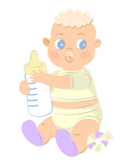 A sitting baby holding a bottle of milk and drinking 