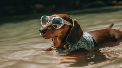 Super cute dachshund sunbathing and wearing sunglasses, Generative AI