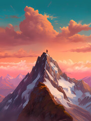 A man on a huge mountain against a background of pink clouds