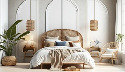 Home mockup, bedroom interior background with rattan furniture and blank wall, Coastal style. Generative AI.