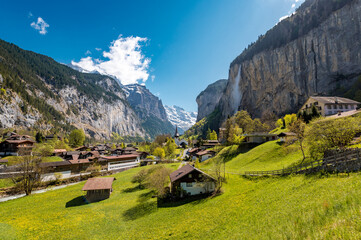 view of Lauterbrunnen on a beautiful sunny spring day in the Bernese Alps