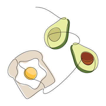 recommend clip art: Line continuous hand drawn illustration. Avocado, egg on toast vector. Fruit and vegetable icon. Minimal linear silhouette. Outline design, print, banner, card, logo, cartoon sign, graphic doodle.