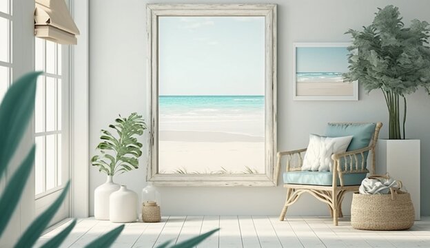 Mockup frame in Coastal interior background, room in light pastel colors. Generative AI.
