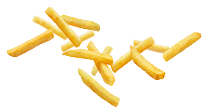Flying delicious potato fries, cut out