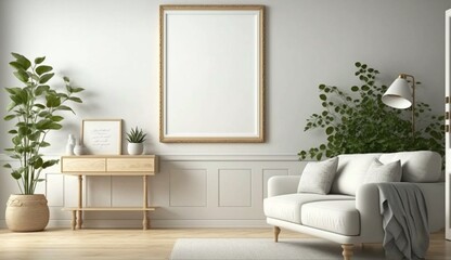 Fototapeta premium Mockup frame in Scandinavian living room interior background. Generative AI.