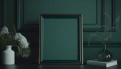 Mockup square frame in dark green furnished home interior background. Generative AI.