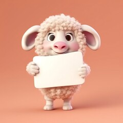 Cute Cartoon Sheep Character with Blank Sign. Generative AI