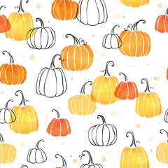 Cute hand drawn pumpkin horizontal seamless pattern, hand drawn pumpkins - great as Thanksgiving background, textiles, banners, wallpapers, wrapping - vector design