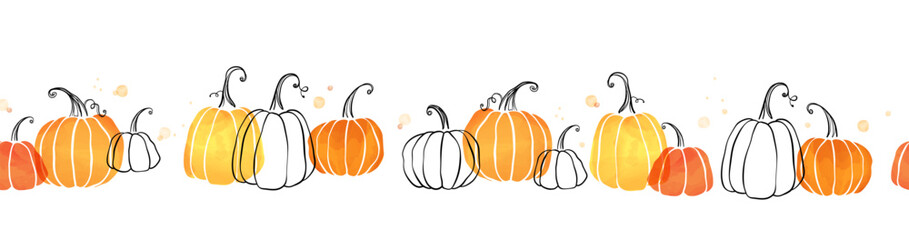 Cute hand drawn pumpkin horizontal seamless pattern, hand drawn pumpkins - great as Thanksgiving background, textiles, banners, wallpapers, wrapping - vector design - obrazy, fototapety, plakaty