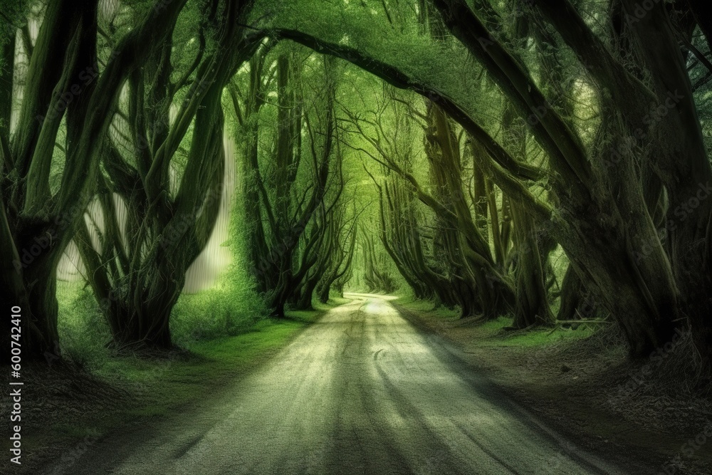 Poster a path that is enveloped on all sides by greenery and woods generative ai
