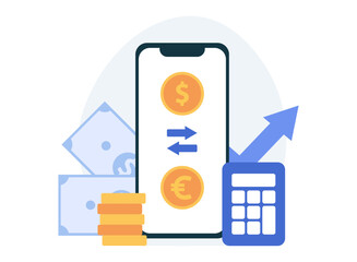 Money exchange app. Currency exchange. Money conversion. Euro to dollar concept. Vector illustration.
