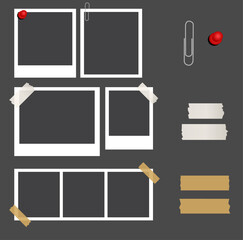 Realistic white photo frame templates with pins and tapes on black background. Vector mockup illustration.