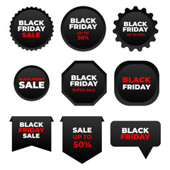 Fototapeta premium Black friday sale labels collection. Market sale tags, shopping sales sign label and marketing labels vector illustration