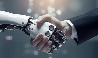 Un Robot IA et un homme se serrent la main - obrazy, fototapety, plakaty