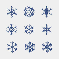 Snowflake blue icons on and gray background. Set vector snowflakes. Collection of winter decoration. 