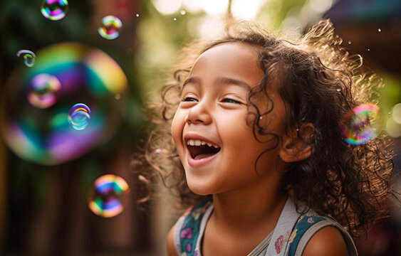 A Cute baby Girl blowing bubbles and laughing with joy against a colorful background