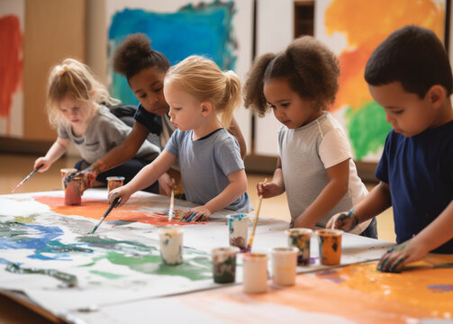 A group of children painting and creating art together by Ai Generated 