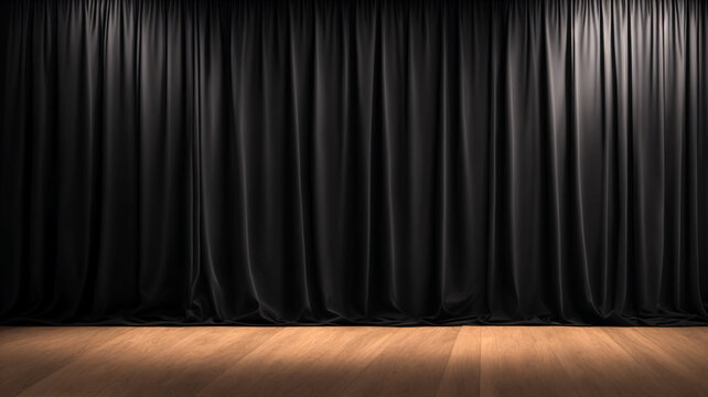 Wooden floor stage with black curtain background generated Ai