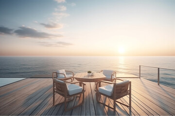 Fototapeta na wymiar Minimalistic modern terrace with relax area, armchairs and table. AI generated. Generative AI