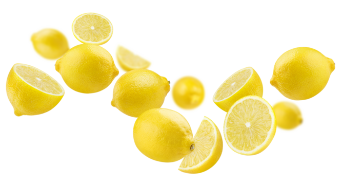 Flying delicious lemon fruits, cut out