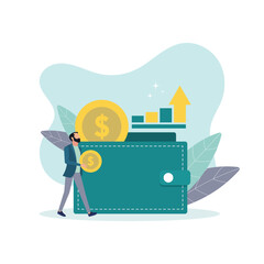 Money Growth flat concept vector illustration. Investment for savings increasing. Man with coinand wallet cartoon character on white background . Creative idea for website, mobile and presentation
