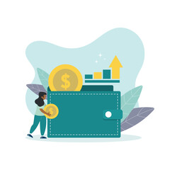 Naklejka premium Vector illustration of money growth. Investments to increase savings. Girl with a coin cartoon character and a purse on a white background. Creative idea for website, mobile phone and presentation 