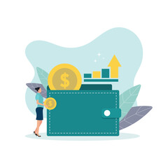 Vector illustration of money growth. Investments to increase savings. Girl with a coin cartoon character and a purse on a white background. Creative idea for website, mobile phone and presentation
