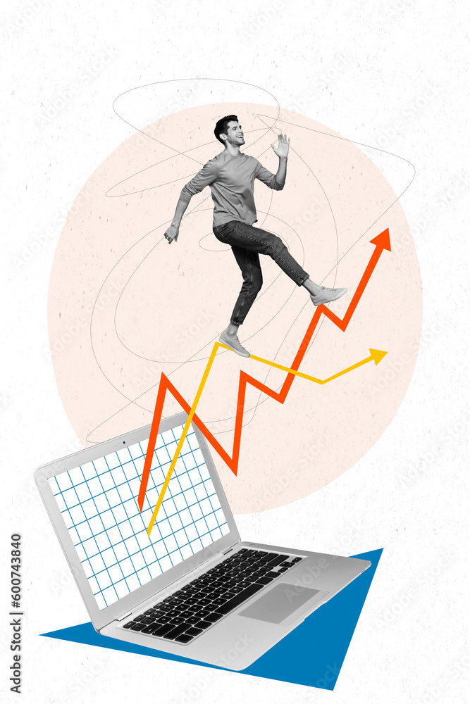 Poster vertical collage image of netbook display mini black white gamma guy run growing arrows upwards isol