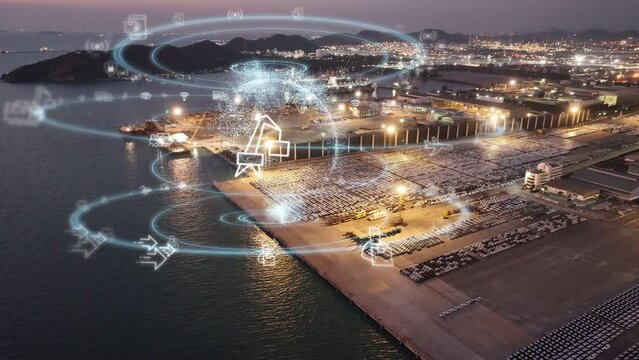 Earth World Map logisitcs iconTechnology transportation logistics at Cargo sea port. Container Ship Futuristic Global Logistics international delivery concept AI,  logistic and supply chain network