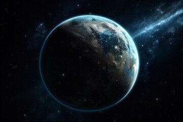 Blue planet, Earth in cosmic space. Galaxy, cosmos, space background. Generative AI. 