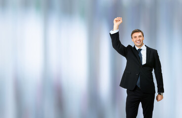 Image of very happy, excited gesturing business man in black confident formal suit, necktie,...