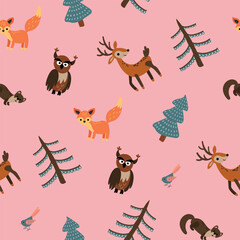 Seamless pattern with forest animals. Design for fabric, textile, wallpaper, packaging.