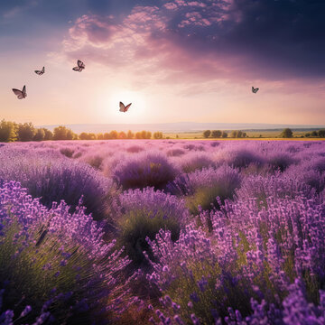 A field of lavender with butterflies flying in the sky. Ai generated art