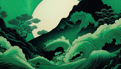 Japanese traditional Ukiyoe green cream retro wave pattern Mt Fuji design. Abstract, Elegant and Modern AI-generated illustration