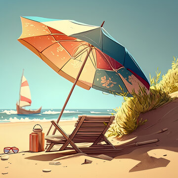 Empty beach with sun loungers and umbrellas on a sunny day. Summer vacatiom on the beach.   AI generated image.