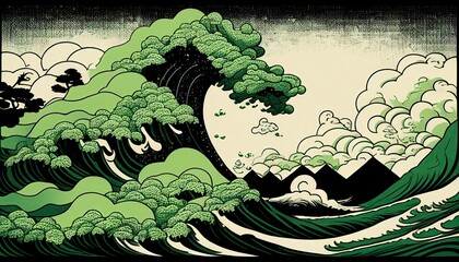 Japanese traditional Ukiyoe's of green cream Mount Fuji retro mountainous landscape design with waves. Abstract, Elegant and Modern AI-generated illustration