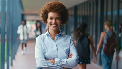 Portrait of female high school or secondary school teacher standing on outside walkway by school building - shot in slow motion
