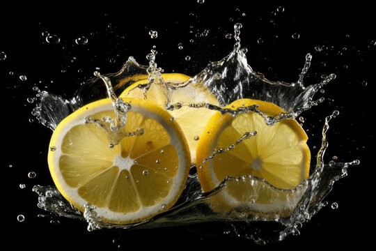 Juicy lemons and splashes of water on a black background. AI generative.