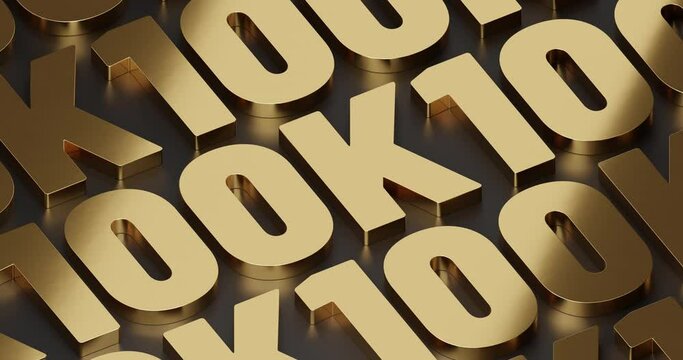 100k social network 3d typography render. Sliding golden text on metallic background. Celebrating 100k subscribers.