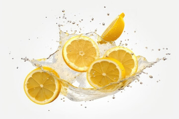 Lemons and splashes of water on a white background. AI generative.