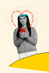 Vertical collage picture of black white gamma girl use smart phone heart shape fake information...