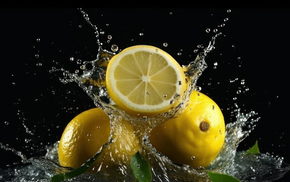 Lemons, leaves and splashes of water on a black background. AI generative.