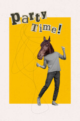Vertical composite designed 3d collage unusual purebred head wild animal horse mammal party invitation isolated on yellow background