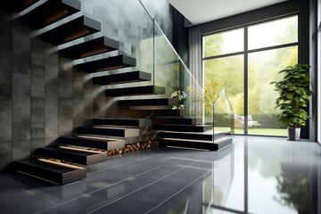 Modern and Elegant Staircase with Black Cement Stone, Glass Panel, and Stainless Steel Handrail - Perfect for Interior Background of Polished Concrete Wall Hall, Ai Generative